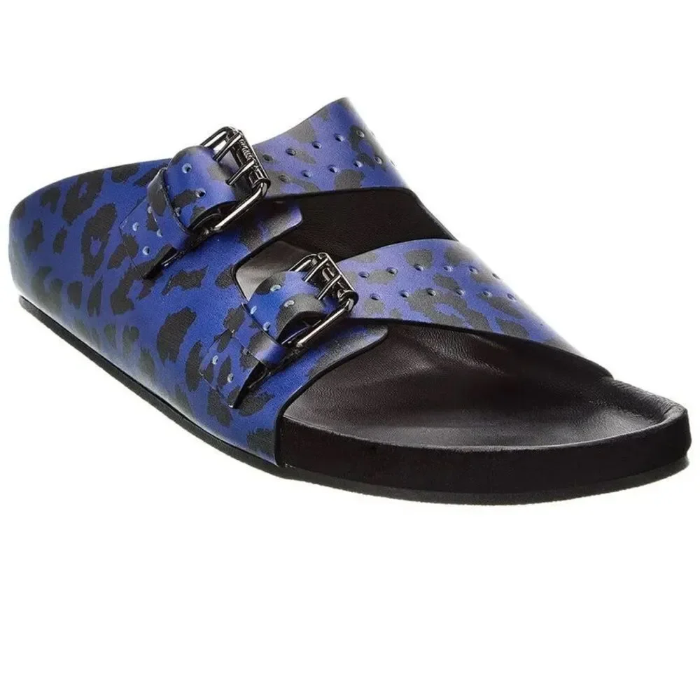 THE KOOPLES BLUE LEATHER LEOPARD-PRINT SANDALS NIB size 41